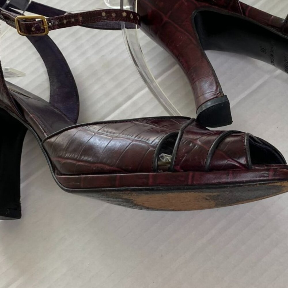 Mariani Studio Vtg. Italian Croc-Embossed Brown Leather Ankle-Strap Heels US 6 - Picture 5 of 7